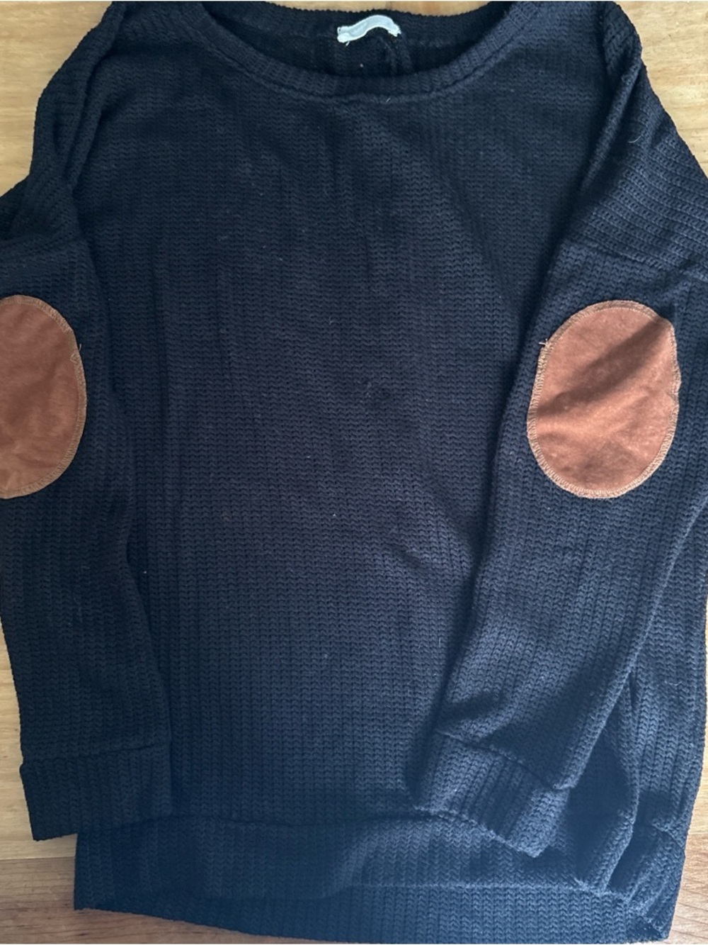 Black Knit Sweater with Brown Elbow Patches